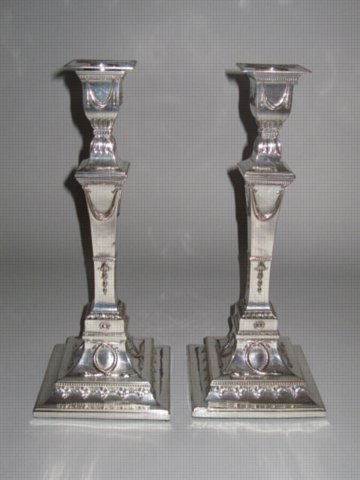 Pair Old Shefield Plate Silver Candlesticks, circa 1780 - Click to enlarge and for full details.