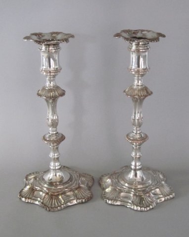 Pair Old Shefield Plate candlesticks, circa 1765. - Click to enlarge and for full details.