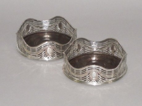PAIR OLD SHEFFIELD PLATE SILVER WINE COASTERS. CIRCA 1775 - Click to enlarge and for full details.