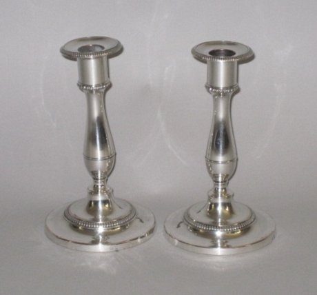 PAIR SMALL OLD SHEFFIELD PLATE SILVER CANDLESTICKS BY MATTHEW BOULTON. CIRCA 1800 - Click to enlarge and for full details.