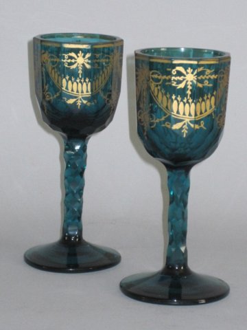 PAIR 18TH CENTURY GREEN GLASS STEM GOBLETS. CIRCA 1775 - Click to enlarge and for full details.