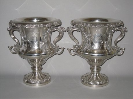 PAIR OLD SHEFFIELD PLATE SILVER WINE COOLERS. CIRCA 11830 - Click to enlarge and for full details.