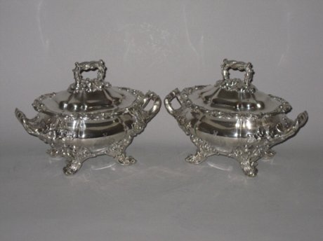 PAIR REGENCY OLD SHEFFIELD PLATE SILVER SAUCE TUREENS. - Click to enlarge and for full details.