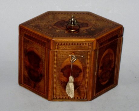 SATINWOOD MARQUETRY TEA CADDY, CIRCA 1785 - Click to enlarge and for full details.