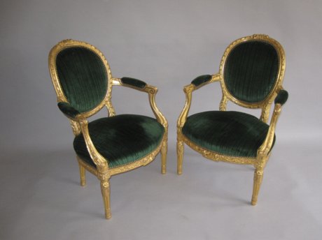 Pair Mid 19th Century Gilt Open Armchairs. French. - Click to enlarge and for full details.