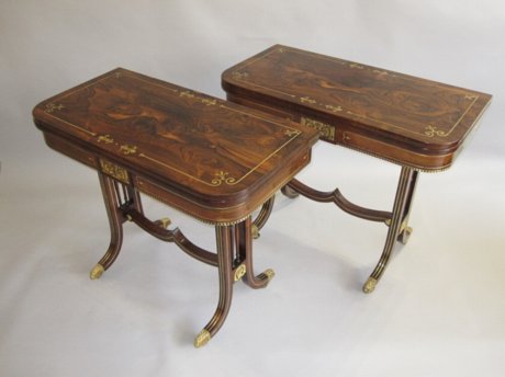 A FINE PAIR OF REGENCY PERIOD ROSEWOOD AND BRASS INLAID CARD TABLES. GEORGE III, CIRCA 1815 - Click to enlarge and for full details.