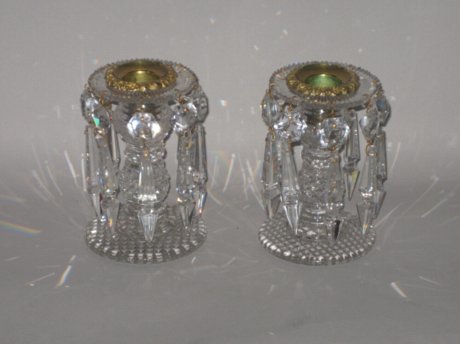 A PAIR OF SMALL REGENCY CUT GLASS CANDLE LUSTRES CIRCA 1815. - Click to enlarge and for full details.
