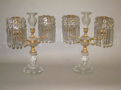 ​A FINE PAIR OF REGENCY PERIOD CUT GLASS AND ORMOLU CANDELABRA, circa 1815. - Click to enlarge and for full details.