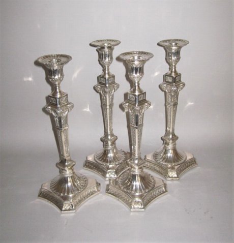 A VERY RARE SET OF FOUR OLD SHEFFIELD PLATE SILVER CANDLESTICKS.  By Boulton & Fothergill, circa 1775 - Click to enlarge and for full details.