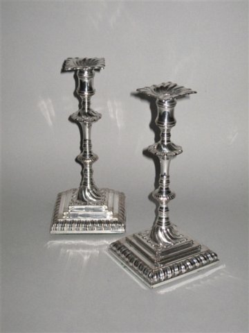 A RARE PAIR OF 18TH CENTURY OLD SHEFFIELD PLATE SILVER TAPERSTICKS, GEORGE III CIRCA 1760’s - Click to enlarge and for full details.