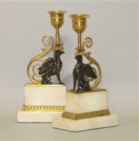 PAIR OF BRONZE & ORMOLU GRIFFIN CANDLESTICKS. CIRCA 1790 - Click to enlarge and for full details.