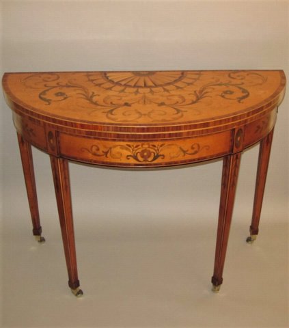 A VERY FINE 18TH CENTURY SATINWOOD AND INLAID DEMI-LUNE CARD TABLE. GEORGE III CIRCA 1780. - Click to enlarge and for full details.