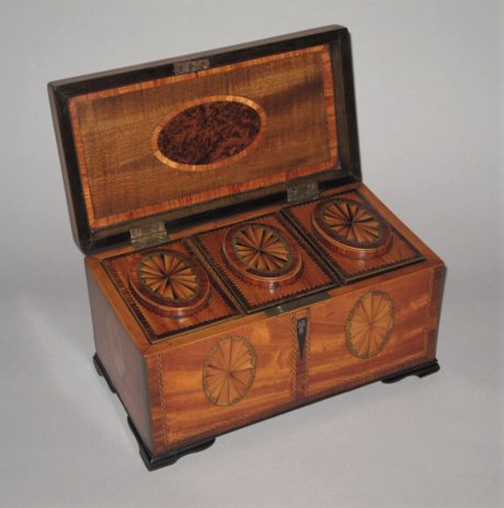 A FINE 18TH CENTURY SATINWOOD TEA CADDY, GEORGE III CIRCA 1775 - Click to enlarge and for full details.