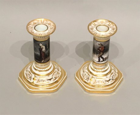 ​A RARE PAIR OF BARR FLIGHT & BARR WORCESTER PORCELAIN CANDLESTICKS. CIRCA 1807-13. Illustrated from Cowper’s Poems - Click to enlarge and for full details.