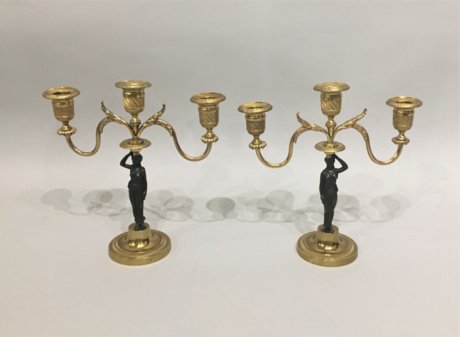 ​A  SMALL PAIR OF FRENCH EMPIRE FIGURAL BRONZE & ORMOLU CANDLEABRA, circa 1820 - Click to enlarge and for full details.