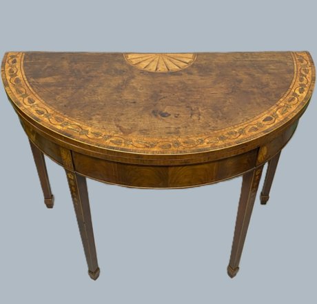 ​A GEORGE III DEMI-LUNE MAHOGANY & SATINWOOD TEA TABLE, CIRCA 1780.  - Click to enlarge and for full details.