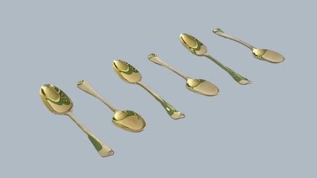 A RARE SET OF SIX GEORGE II SILVER GILT TABLE SPOONS. By John Jacobs, London 1745. - Click to enlarge and for full details.