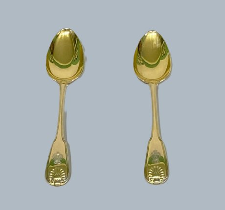 ​A PAIR OF GEORGE III SILVER GILT SERVING SPOONS, ELEY & FEARN LONDON 1803. - Click to enlarge and for full details.