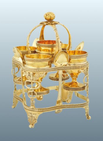 GEORGE III ROYAL EGG CRUET Silver-Gilt, London 1806 Makers Mark of John Emes, the spoons with the mark of William Fearn. - Click to enlarge and for full details.