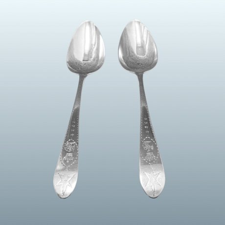 Pair of Irish Silver tablespoons. Dublin 1781 by Robert Smith - Click to enlarge and for full details.