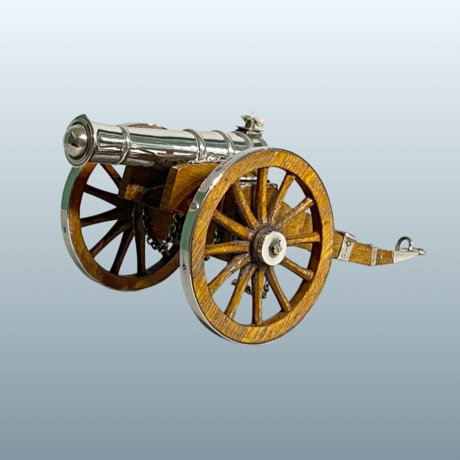 A Fabulous Silver & Oak Table Lighter in the Form of a Field Gun London 1887 by Joseph Braham. - Click to enlarge and for full details.