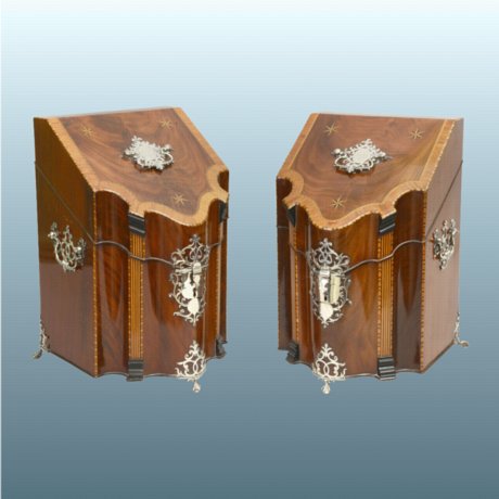 A MAGNIFICENT PAIR OF 18TH CENTURY MAHOGANY KNIFE BOXES WITH SILVER MOUNTS GEORGE III, CIRCA 1775. - Click to enlarge and for full details.