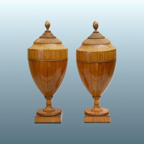 A FINE PAIR OF GEORGE III SATINWOOD CUTLERY URNS, CIRCA 1790. - Click to enlarge and for full details.