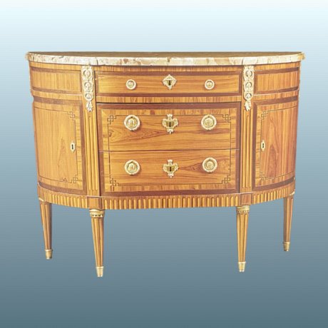 A GILT-BRONZE MOUNTED TULIPWOOD, AMARANTH & PARQUETRY COMMODE - Click to enlarge and for full details.