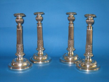 Set of four Old Sheffield Plate silver candlesticks, circa 1825 - Click to enlarge and for full details.