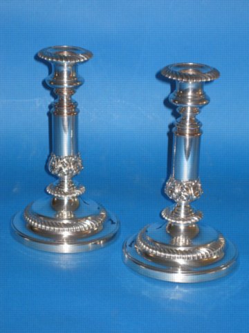 Pair of Old Sheffield Plate silver telescopic Candlesticks, circa 1820. - Click to enlarge and for full details.